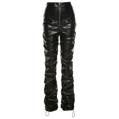 High Waist Pleated Black Leather Pants