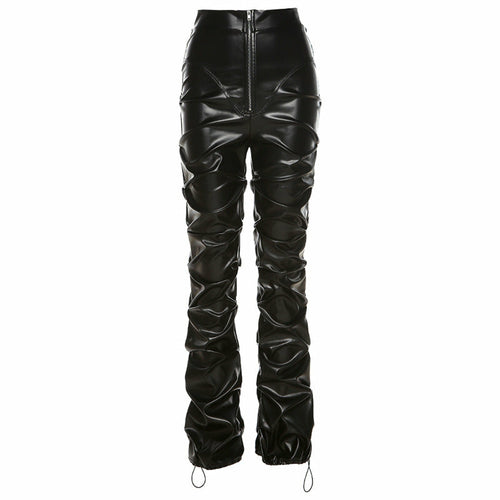 High Waist Pleated Black Leather Pants