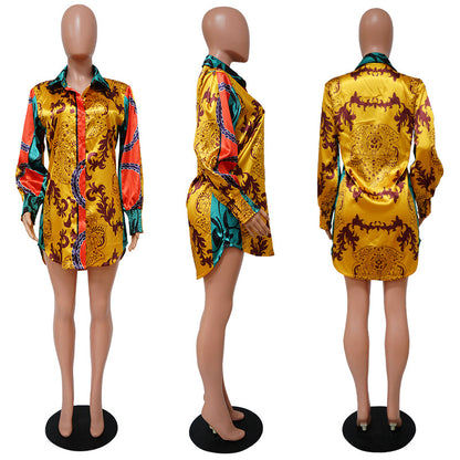 Women's Autumn Fashion Casual Printing Long Sleeve Loose Shirt Dress Top