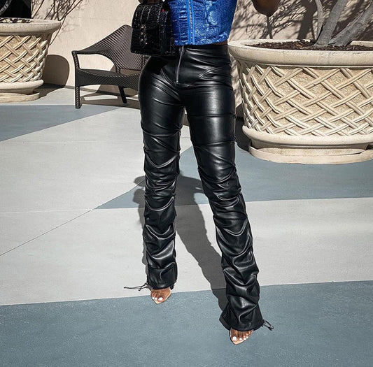 High Waist Pleated Black Leather Pants